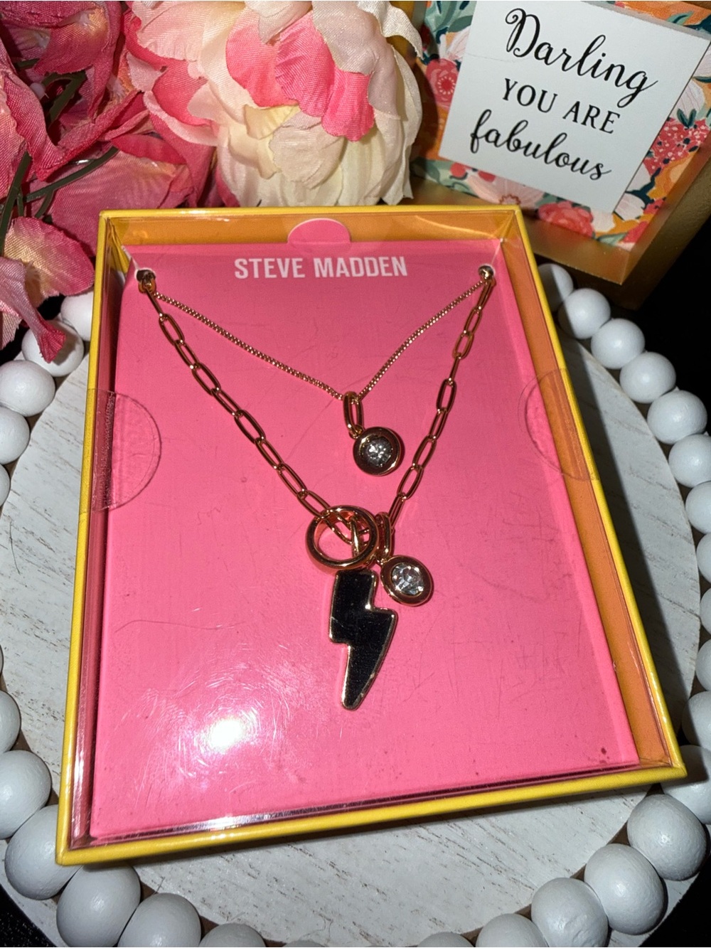 Steve Madden Gold Tone Layered Crystal Lightning Bolt Charm Necklace w/ Box